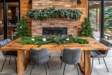 Obraz premium Elegant dining area adorned with greenery and candles in a cozy indoor setting during the holiday season
