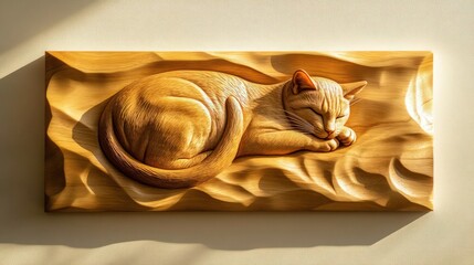 A wooden switchboard cover designed with a curled-up cat resting atop, its body smooth and grain-textured, the tail wrapping gracefully. 