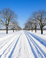 Obraz premium Winter wonderland scene snow-covered path nature photography tranquil environment wide angle view scenic beauty