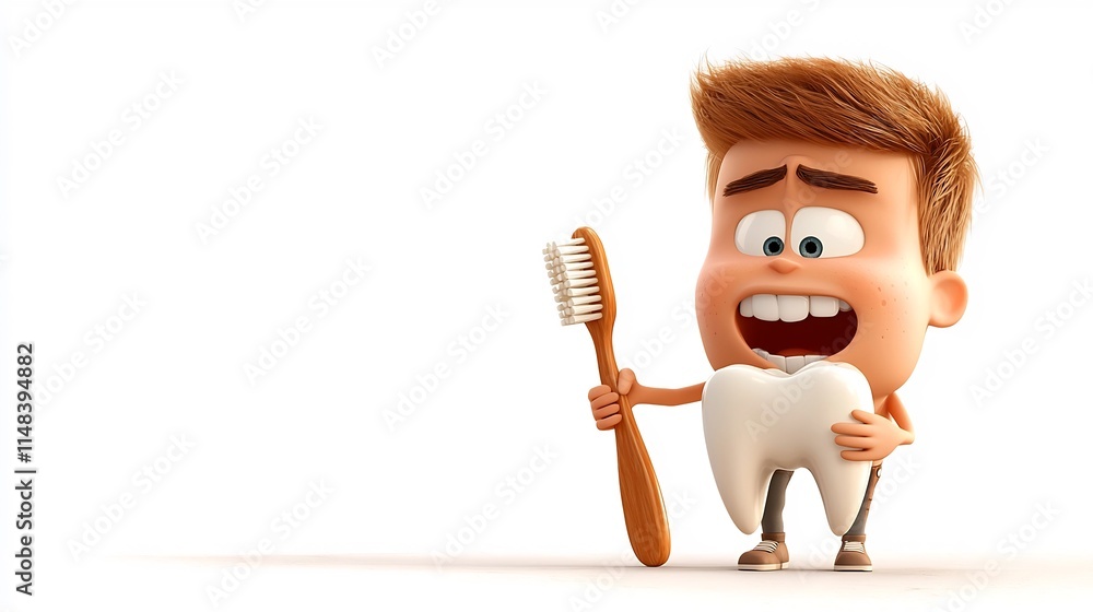 Poster 3d cartoon animation of a sad inflamed tooth character holding a soft toothbrush isolated on a plain