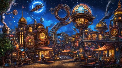 Obraz premium Steampunk city at night with flying machine, clockwork buildings, and glowing lights.