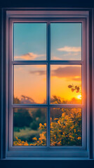 Fototapeta premium A serene view through a window showcasing a vibrant sunset and lush greenery.