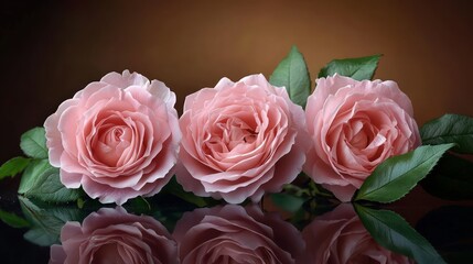 Three delicate pink roses with layered petals resting on a reflective dark surface, surrounded by lush green leaves. 