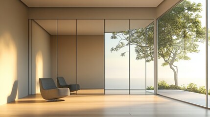 Minimalist interior with ocean view and two chairs.