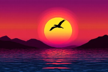 A pixel art depiction of a bird flying into the horizon over a colorful, pixelated sunset