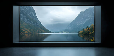 Fototapeta premium A serene landscape view framed by a modern window, showcasing mountains and a calm lake.