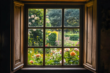 A wooden window framing a vibrant garden filled with colorful flowers and greenery.