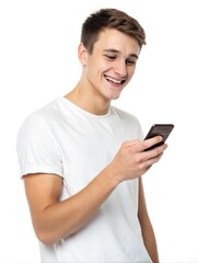 Fototapeta premium Smiling young man using a smartphone isolated on a white background