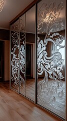 Mirrored sliding wardrobe doors with etched floral design.