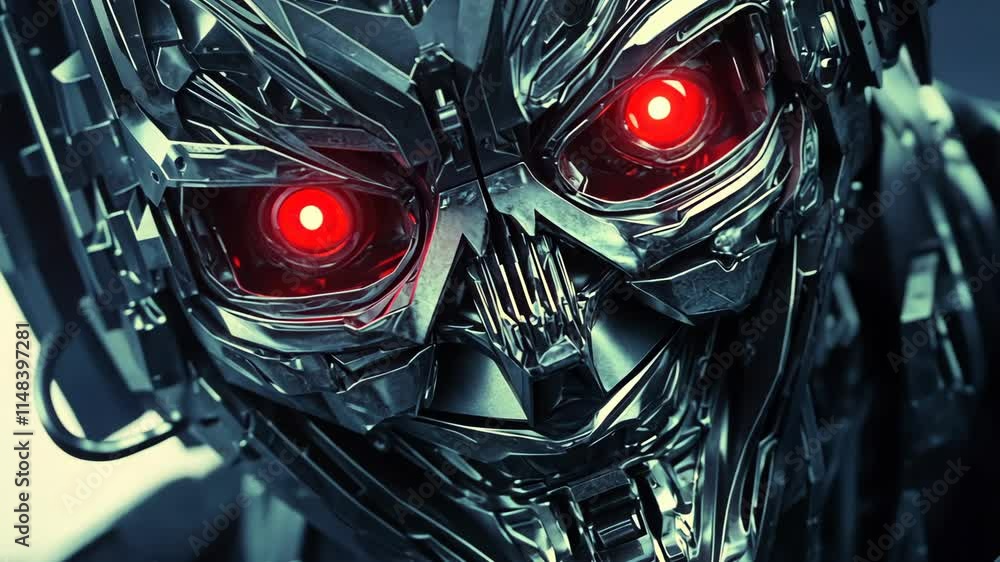 Aufkleber close-up view of a futuristic robot with piercing red eyes and an intricate metallic face design