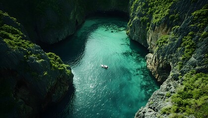 Aerial shot of Maya Bay in Krabi, showing turquoise waters surrounded by towering limestone cliffs