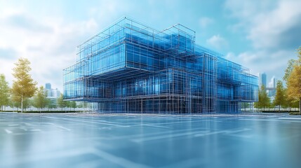 Modern architecture glows brightly with digital lights amidst a snowy environment image