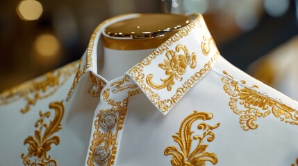 Close-up of a white men's shirt with gold baroque pattern on a mannequin.