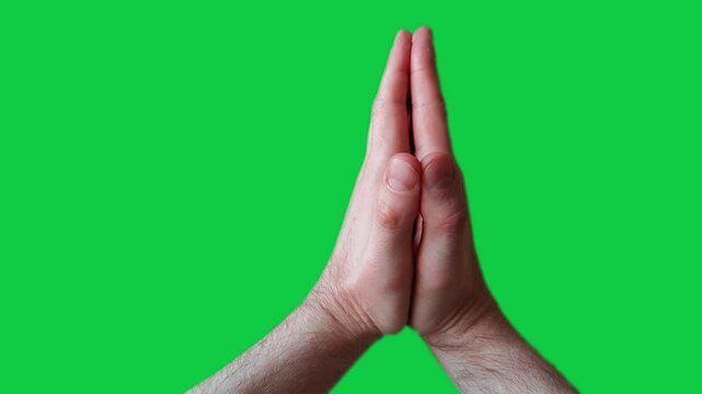 Man apologize, plead, animation with green screen background. Pleading, apologetic gesture by male hands, asking for forgiveness, praying, hoping for the best, gesture of gratitude by male hands