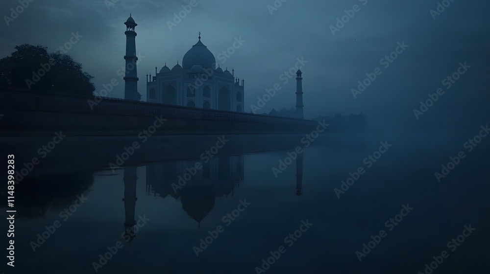 Poster front view of the taj mahal glowing softly under the first light of dawn, with its reflection on the