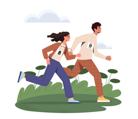 Marathon runners. A man and a woman running in nature. Competition or tournament. Athletes and female athletes, sprint or marathon runners. Cartoon flat vector illustration on white background
