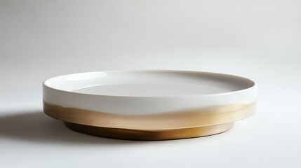 Elegant round ceramic plate with a smooth white surface and a subtle golden edge, perfect for dining and presentation.