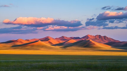 Front view of the Gobi Desertâ€™s singing sand dunes glowing under the warm light of sunset