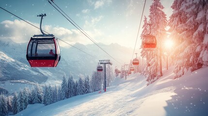  Winter mountain scene with bright red cable cars gliding over snowy slopes. The landscape features frost-covered pines, powdery snow, and a backdrop of sunlit peaks, evoking the charm of a ski resort