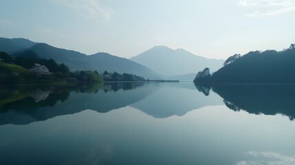 Front view of Mount Fuji reflected perfectly on Lake Kawaguchi during cherry blossom season, with a serene and tranquil atmosphere, in 4K resolution