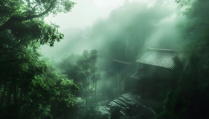 Fototapeta premium Aerial shot of Arashiyama Bamboo Grove in Kyoto, with soft green hues and a mystical tone, in 4K resolution