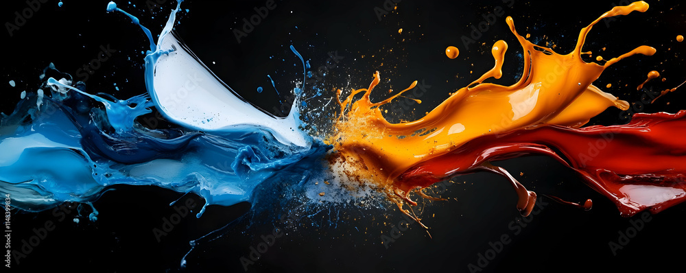 Poster vibrant color explosion, abstract paint splashes in dynamic motion on black background
