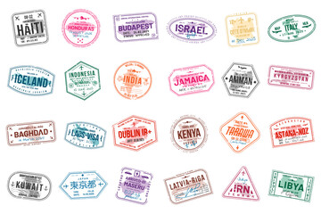 Collection of travel visa stamps for passports. Abstract stamps from international and immigration offices. Arrival and departure visa stamps for customs to the country. Vector