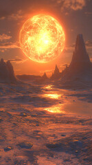 Alien Planet, Fiery Sunset over a Desolate Landscape with Rugged Mountains and a Crimson Sky