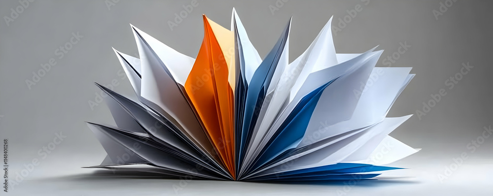 Aufkleber abstract paper fan, colorful sheets arranged in a dynamic, exploding formation on neutral background