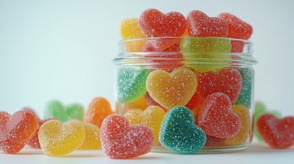 Colorful heart-shaped candies in a glass jar