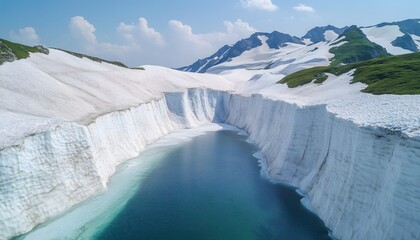 Aerial shot of the snow corridors of the Tateyama Kurobe Alpine Route, with towering walls of pure white snow glowing under sunlight, in 4K resolution