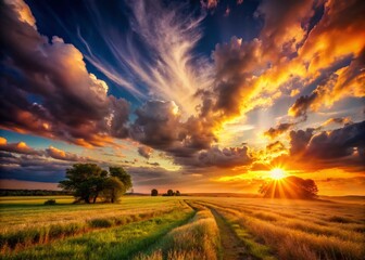 Fototapeta premium Surreal Sunset Field Photography: Dreamlike Golden Hour Landscape, Magical Sky, Fantasy Nature
