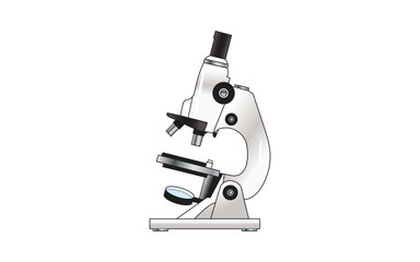 A detailed illustration of a laboratory microscope with clean lines, metallic components, and a white background, ideal for educational, scientific, or medical purposes.
