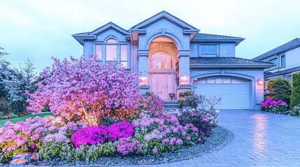Luxurious house with blooming flowers at twilight.