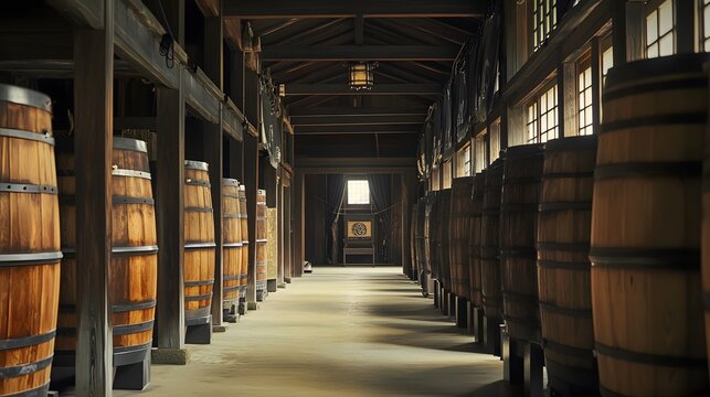 Front view of a traditional sake brewery in Takayama, with wooden barrels and noren curtains, creating a nostalgic tone, in 4K resolution