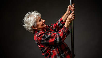 Joyful expression of dance and strength in a pole dancing session by a lively older woman in a cozy, intimate setting