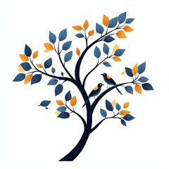 A stylized tree with blue and orange leaves, featuring two birds perched among the foliage, creating a vibrant and serene nature scene.