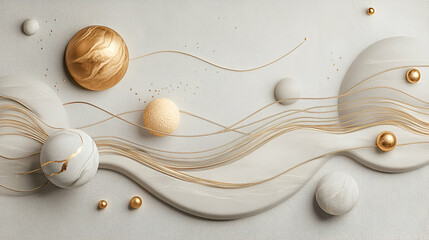 Abstract Gold & Marble Spheres on Elegant Wave Background