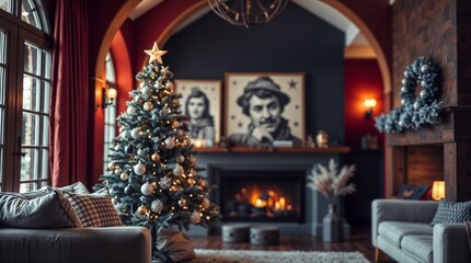 Fototapeta premium Christmas and New Year in monochrome, Elegant monochrome Christmas setting with a beautifully decorated tree and artistic wall art in a cozy living room 