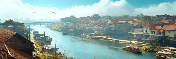 Riverfront Town, Asian Houses, Boats, and Misty Morning