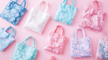 Assorted floral tote bags on pink background.