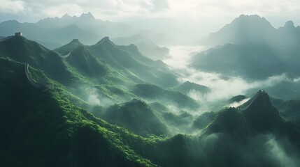 Front view of the Great Wall of China winding through misty mountains at sunrise, creating a serene and majestic mood, in 4K resolution