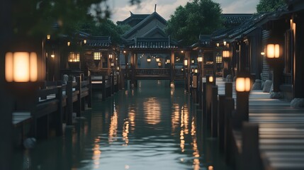 Front view of the ancient water town of Wuzhen, with wooden bridges and lantern-lit canals, creating a tranquil mood, in 4K resolution