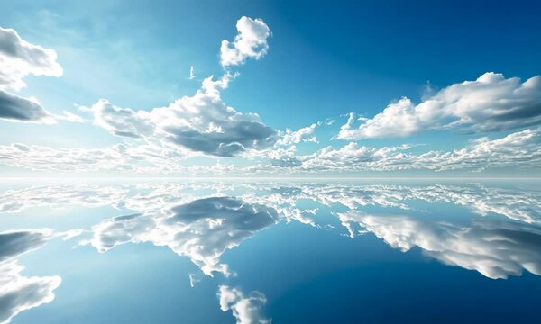 Tranquil blue sky with white clouds reflecting on water