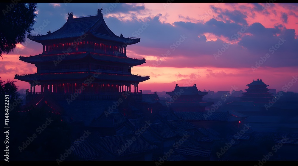 Poster front view of the drum tower in xiâ€™an, glowing under soft evening light, with a historical and nos