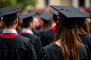 Background of graduation ceremony, people celebrated success of students receiving their higher education certificates, adorned with ribbon, against backdrop of black caps. education, higher