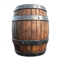 Obraz premium A wooden barrel with metal bands, showcasing a rustic and traditional design, often used for storage or aging beverages.