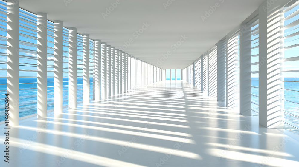 Poster ocean view corridor, sunlight streams through a minimalist hallway with columns and ocean views, cre