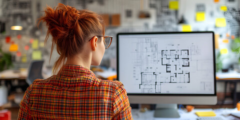 Architect Reviews Building Plans on Computer Screen, Designing Innovative Spaces Efficiently and Creatively.