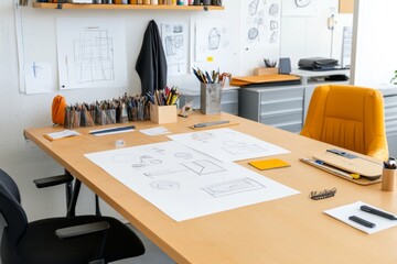 An artist desk covered in sketches of geometric patterns, along with rulers, pens, and colorful design samples